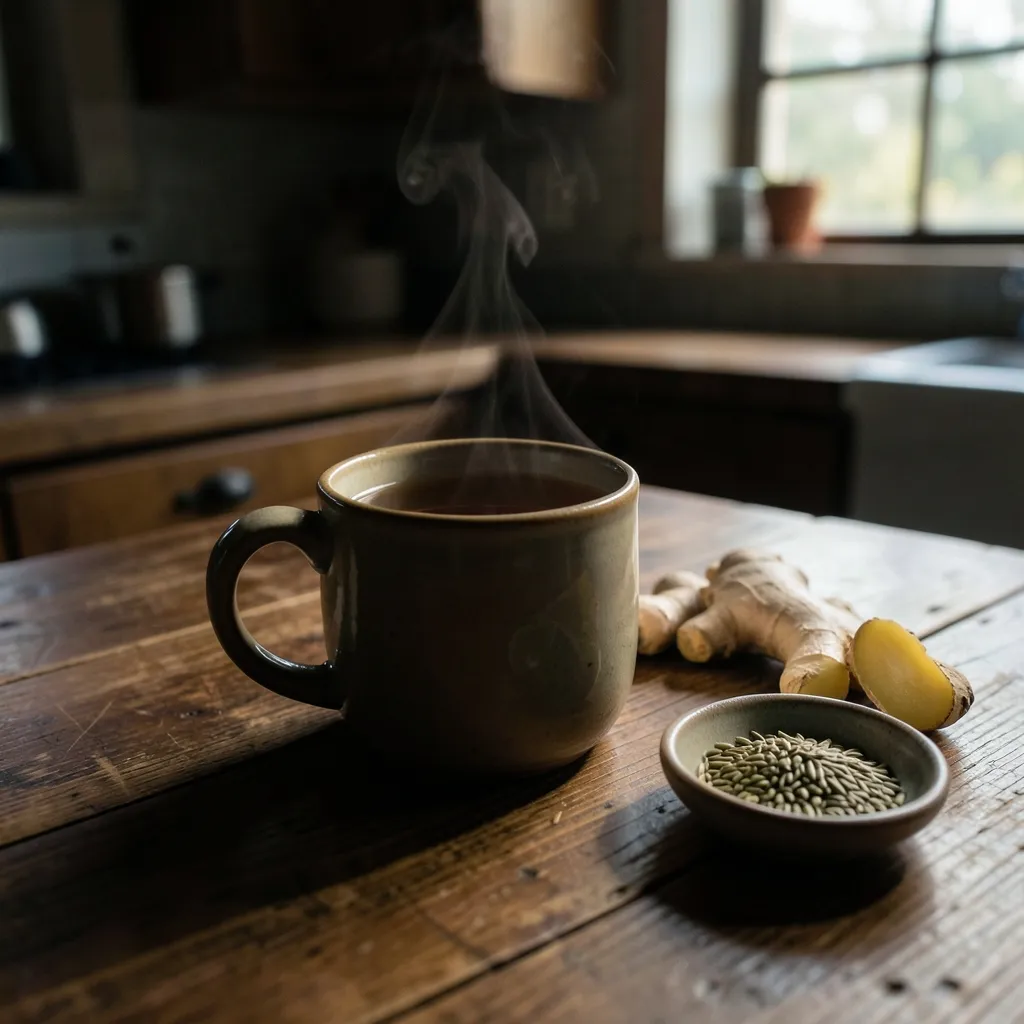 Staying Grounded Under the Scorpio Moon: Ayurveda Tips Warm herbal tea in a ceramic mug next to sliced fresh ginger and fennel seeds — Staying Grounded with the Moon in Scorpio
