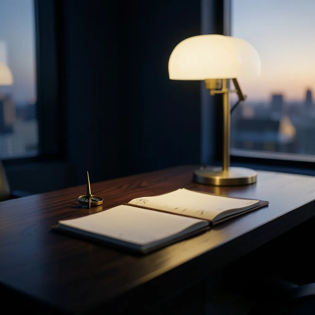 Strategy and the Pushya Influence for Career Success Cinematic moody office at dusk, sleek dark walnut desk — Strategy and the Pushya Influence