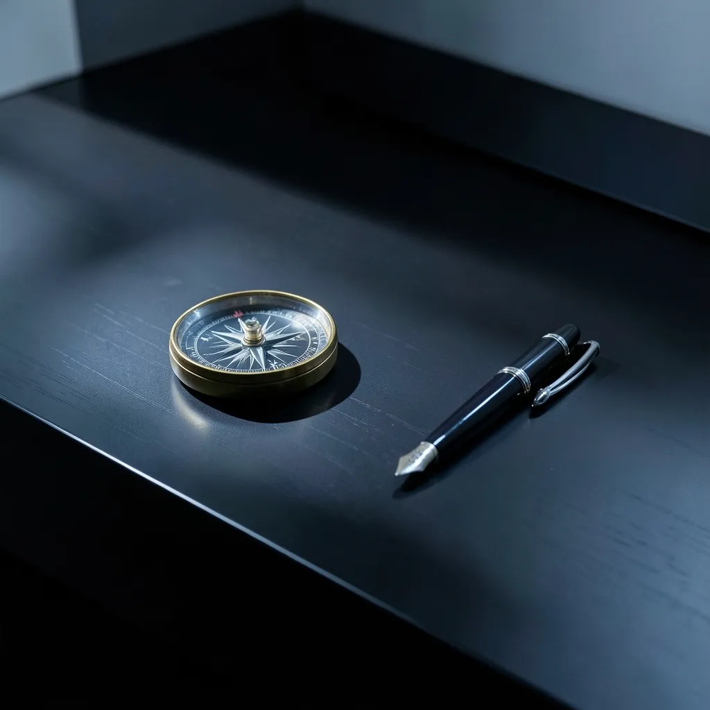 Career Strategy and Astrology Transits Minimalist office desk with a vintage brass compass and a single fountain pen — Strategy is Everything