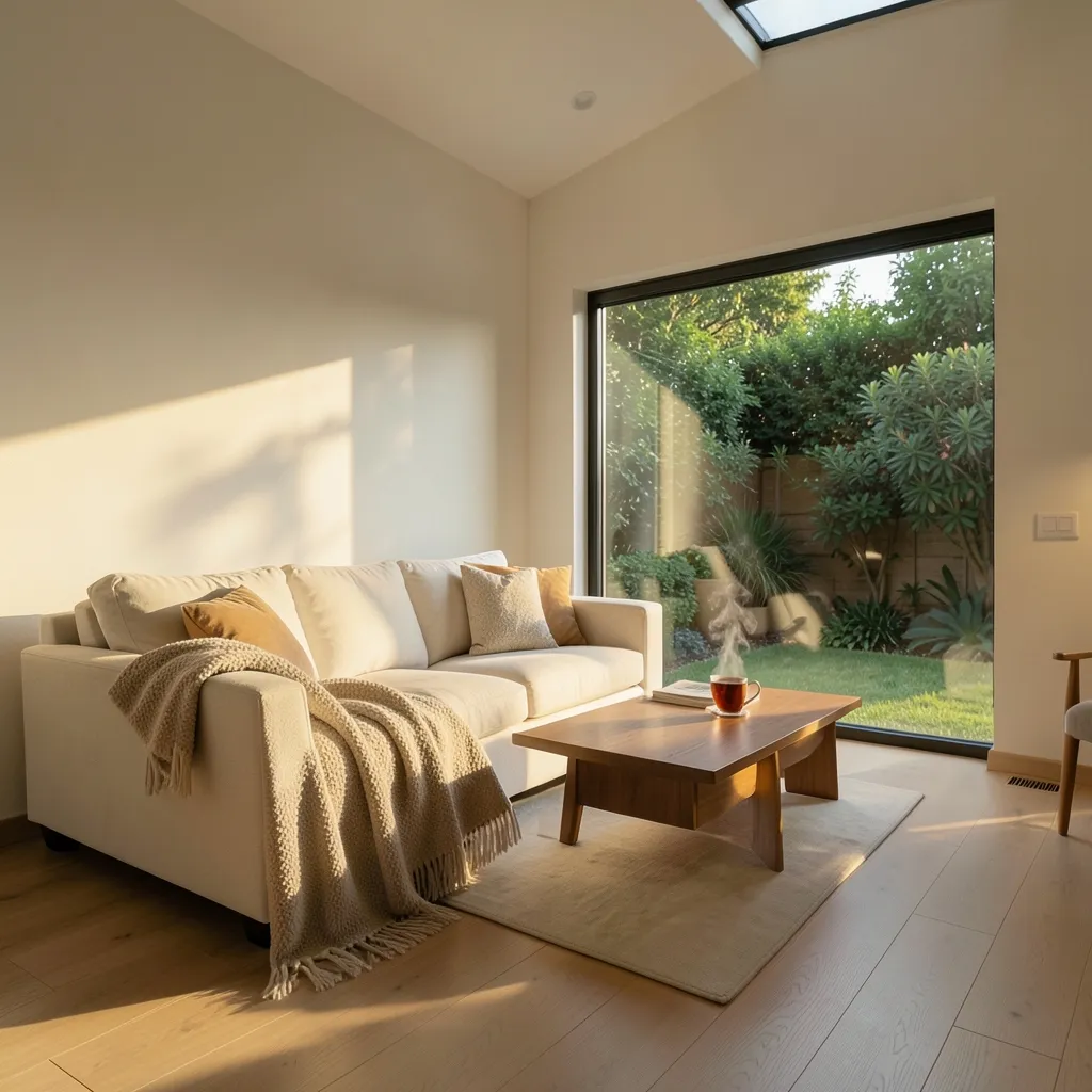 Sun in Cancer: How to find peace today Cozy, sun-drenched living room with soft blankets, a steaming cup of tea — Sun in Cancer: It's time to get cozy