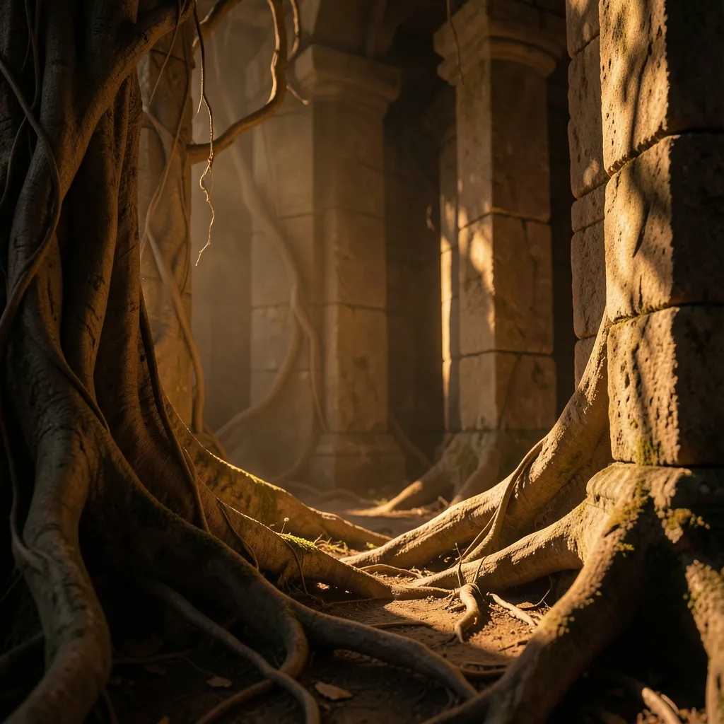 Sun in Magha: Facing the Ancestral Echo Cinematic warm amber lighting filtering through ancient roots and stone pillars — Sun in Magha: Facing the Ancestral Echo