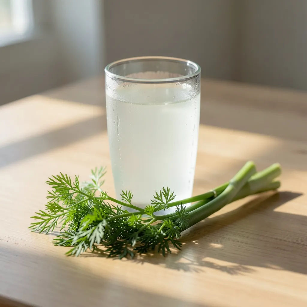 Sun in Pushya Ayurvedic Tips: How to Cool Your Digestion Serene minimalist tabletop with a glass of cool coconut water and fresh green fennel — Sun in Pushya: Keep Your Gut Cool!