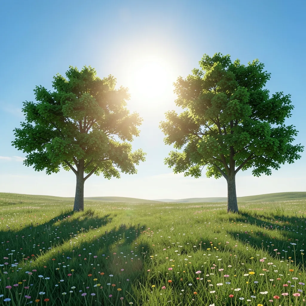 Sun & Jupiter in Pushya: A Time for Growth and Stability Serene landscape with a bright sun and a few trees — Sun and Jupiter in Pushya: Finding Stability