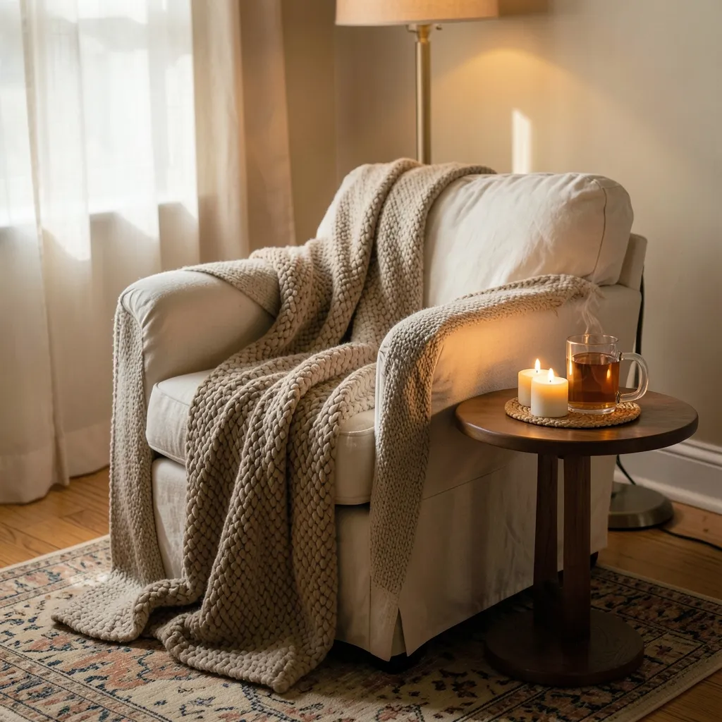 Finding Ground with the Taurus Moon Earthy glow illuminates a cozy living room. A plush blanket is draped over a plush — Finding Ground with the Taurus Moon