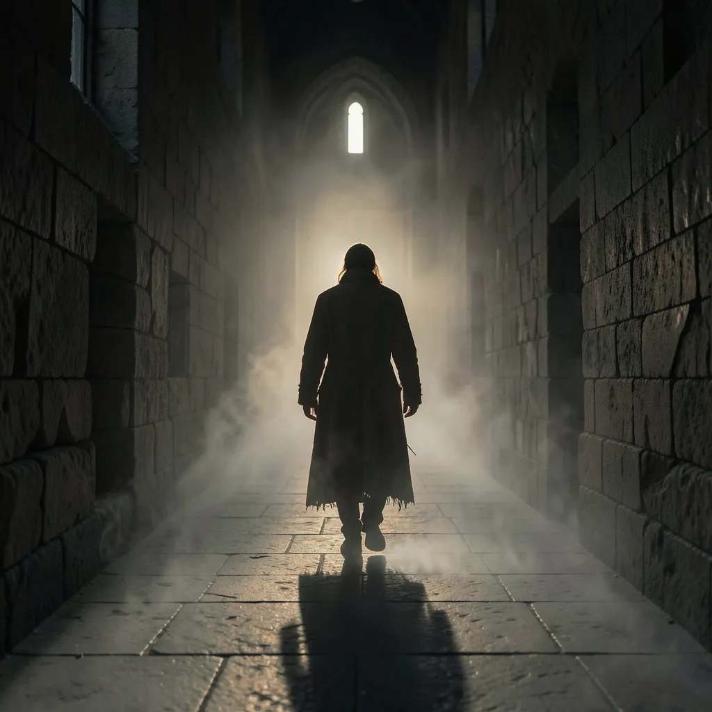 The Shadow We Can't Outrun | Karmic Astrology Insights Solitary figure walking down a long, misty corridor at dusk — The shadow we can't outrun