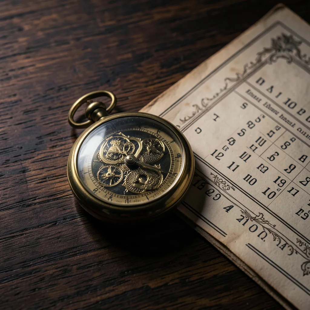 Timing Is Everything: How to Find Your Auspicious Windows Minimalist flat lay of a brass pocket watch and an antique calendar — Timing is everything when the stars pull strings