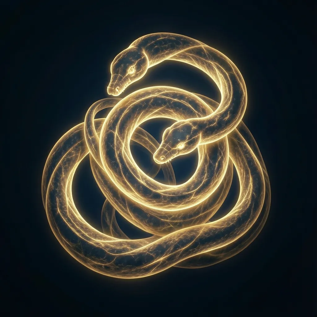 Navigating the Intense Energy of Ashlesha Nakshatra Coiled serpents made of glowing golden light against a deep midnight blue — Understanding the Intensity of Ashlesha