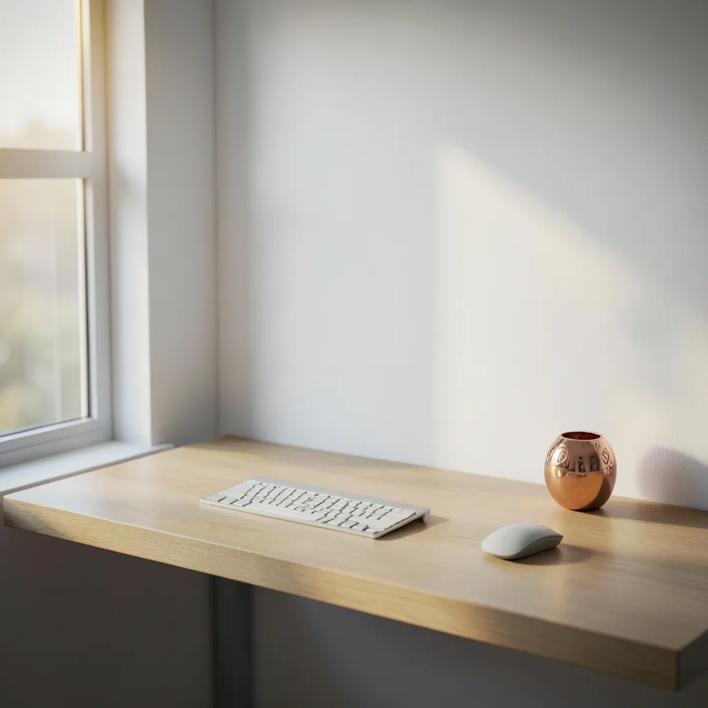 करियर और प्रभाव बढ़ाने के लिए अचूक वास्तु टिप्स Minimalist modern office desk with a clean north-east corner — अपने करियर और प्रभाव को बढ़ाने का वास्तु मंत्र