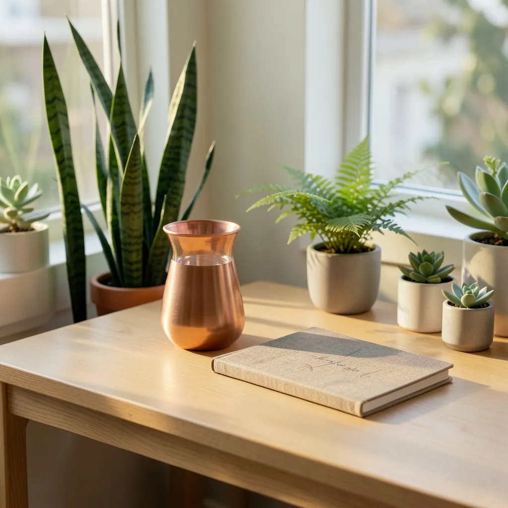 अगस्त के ट्रांजिट्स और आपकी कार्यक्षमता व सेहत Peaceful morning desk setup with a copper vessel of water, a journal — आगामी अगस्त के ट्रांजिट्स और आपकी कार्यक्षमता