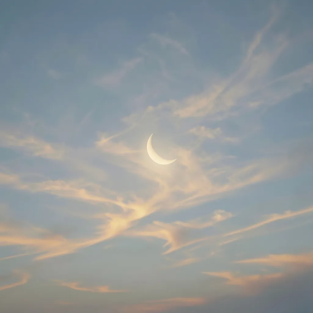 आज ग्रहों की चाल और अपनों का ख्याल | दैनिक राशिफल Serene evening sky with a soft crescent moon glowing among gentle clouds — आज के ग्रहों की चाल और आपके अपनों का ख्याल