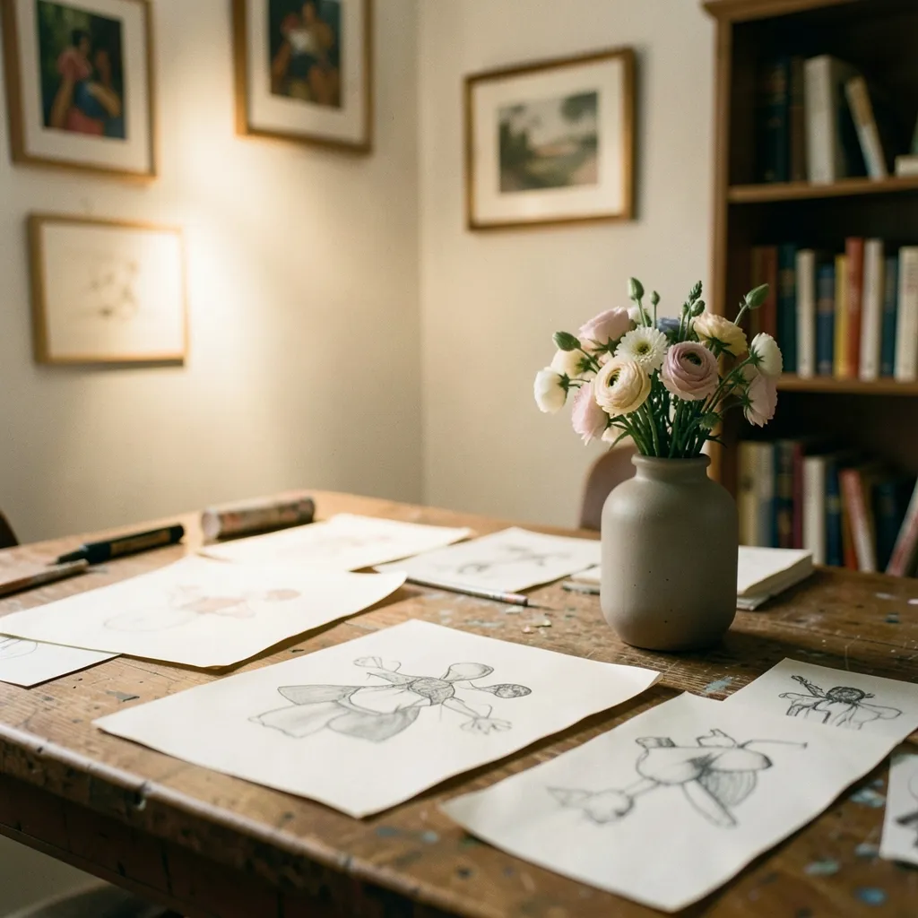 Venus in Chitra Nakshatra: Love, Design, and Relationships Warm golden tones highlighting an artist's workspace with delicate sketches — Venus finds her sparkle in Chitra