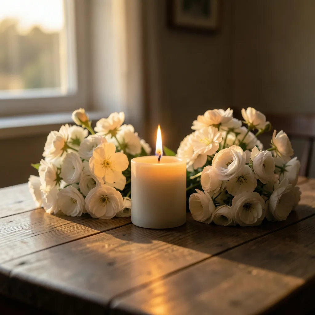 Sun and Jupiter in Pushya: Heart-Centered Connection Warm candlelight on a wooden table, fresh white flowers — Sun and Jupiter in Pushya: A Time for Heart-Centered Connection