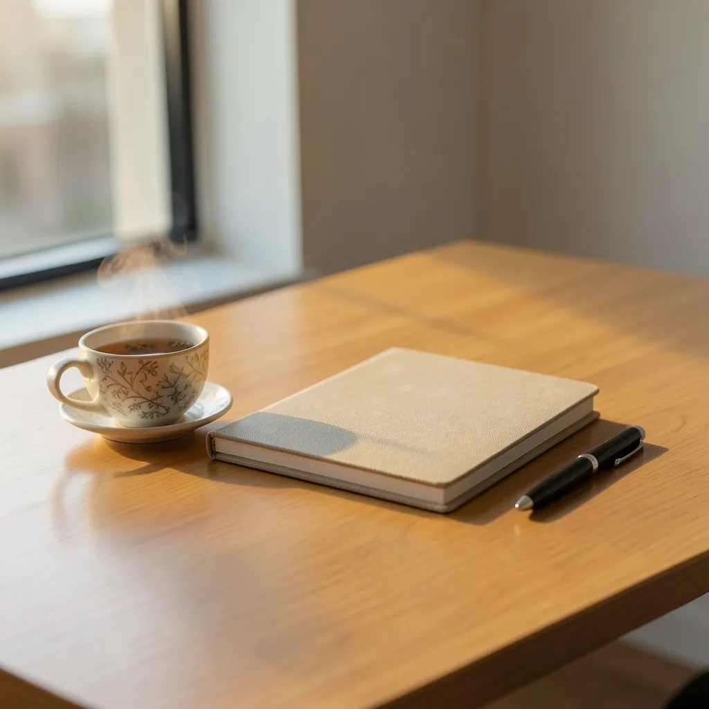 How to handle Virgo Moon energy High-quality aesthetic shot of a clean wooden desk with a single notebook, a pen — Virgo Moon: Sorting the Noise