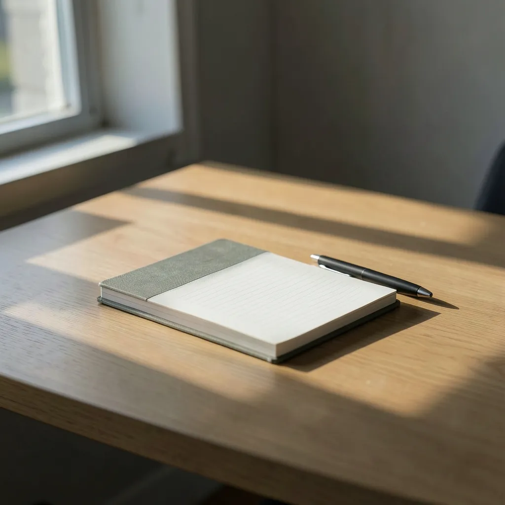 How to handle the Virgo Moon energy High-quality aesthetic shot of a clean wooden desk with a single notebook, a pen — The Virgo Moon demands clarity