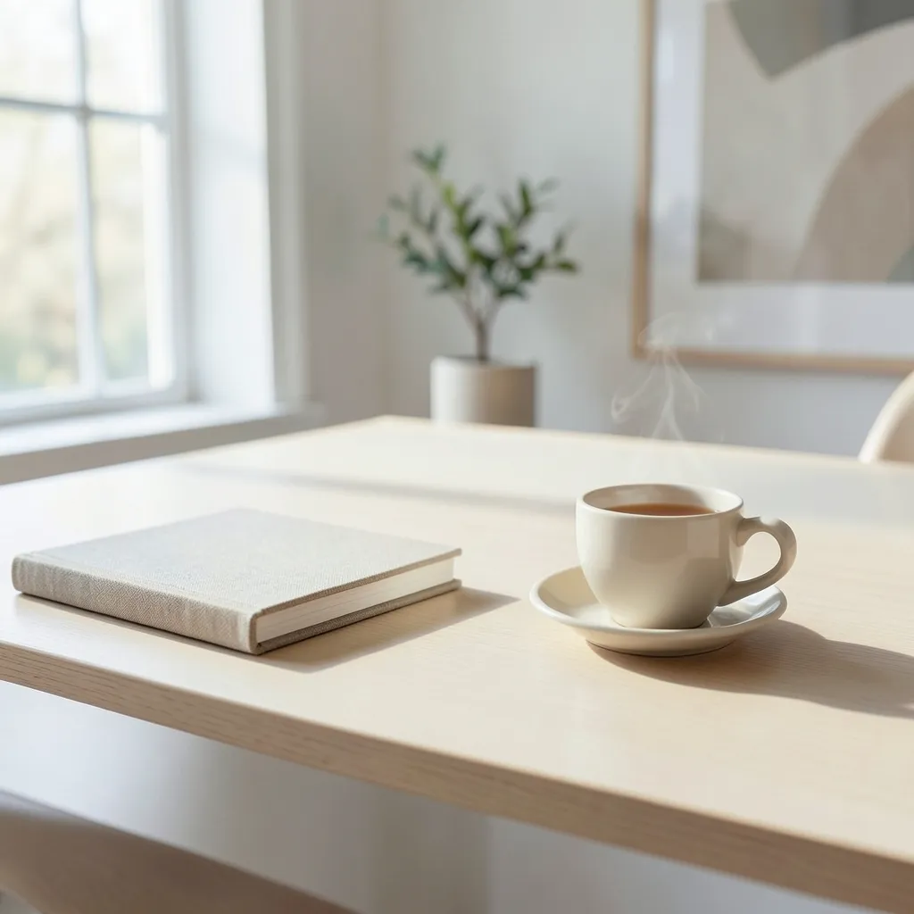 Finding order in the Virgo Moon Organized desk with a notebook and a single cup of tea — Finding order in the Virgo Moon