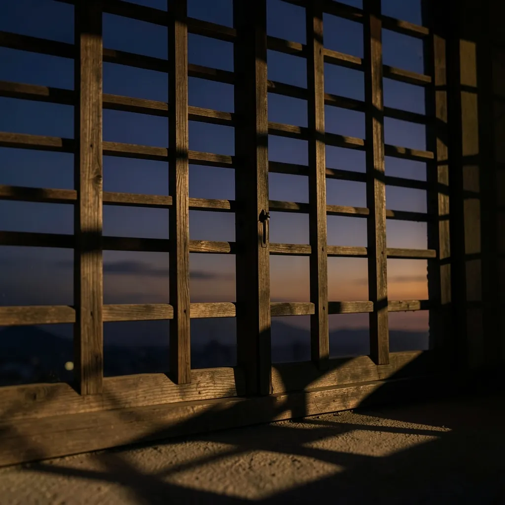 The Weight of August Shadows | Karmic Astrology Insights Twilight shadows cast through traditional wooden window slats — The Weight of August Shadows