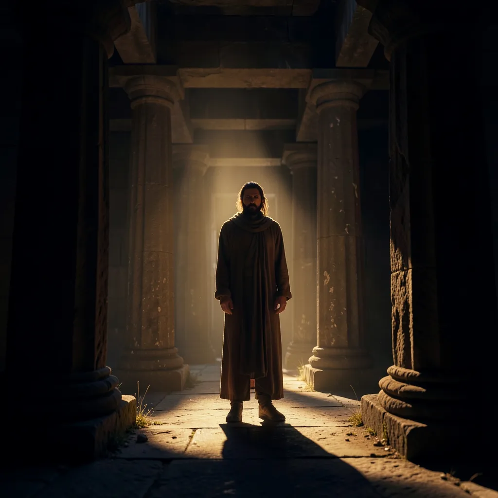 The Weight of the Ancestors: Sun in Magha & Karmic Transits Lone figure standing in dramatic golden sunlight filtering through ancient stone pillars — The Weight of the Ancestors