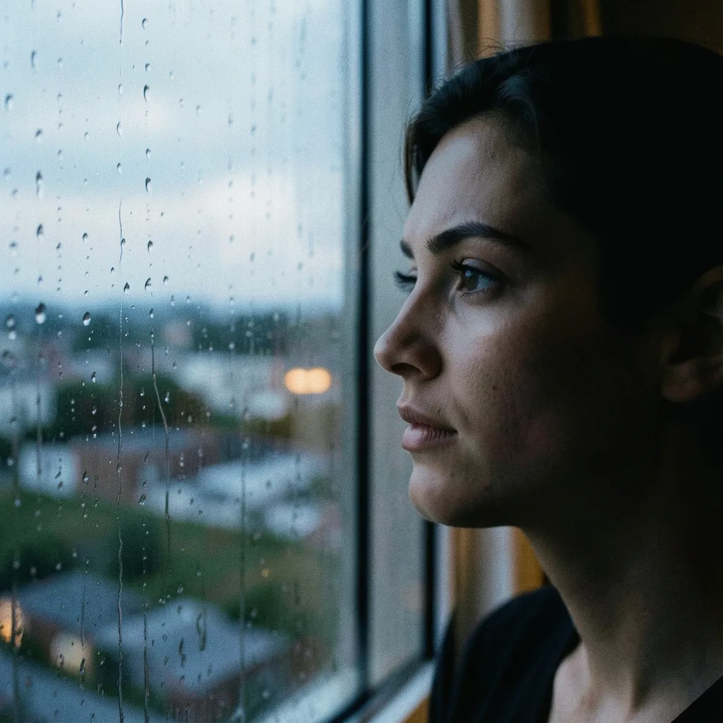 Why Today Feels So Heavy: Current Planetary Transits Moody cinematic close-up of a person looking out a rain-streaked window at dusk — The Weight of the Present