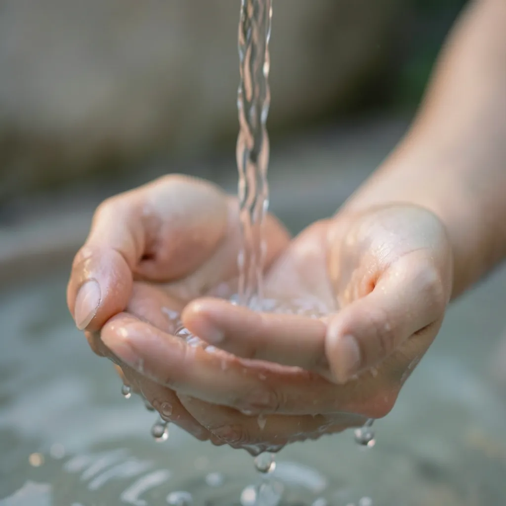 How to clear mental static with astrology Serene, ethereal close-up of hands held under a gentle stream of clear, flowing water — When the mind feels like sand