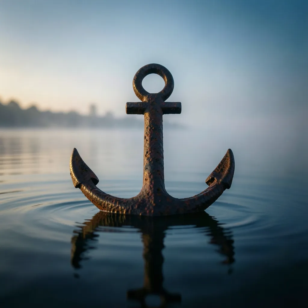 Why Saturn in Pisces is making everything feel stuck right now Weathered iron anchor resting on quiet, misty water at dawn — When the stars pull the brakes