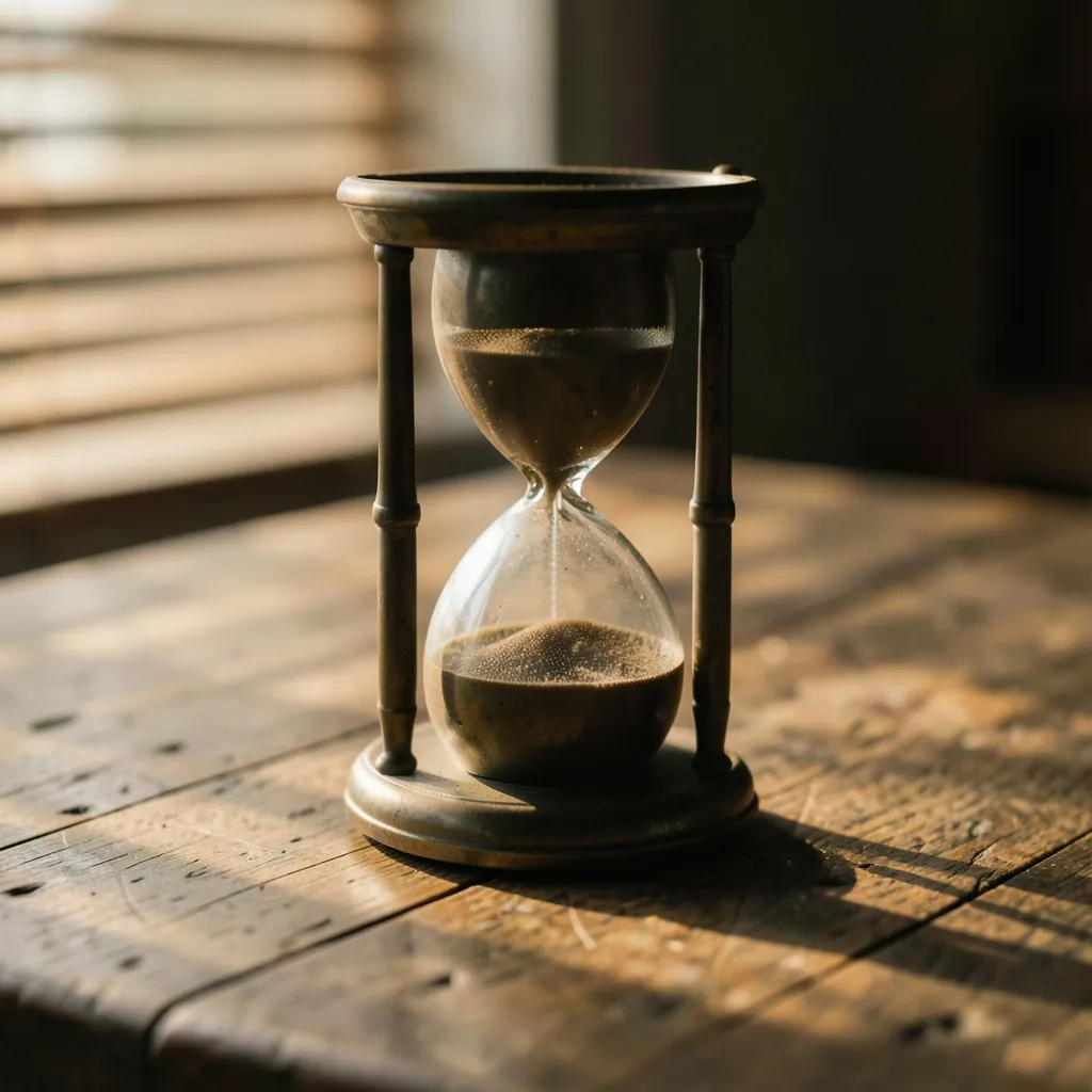 Working With the Cosmic Slowdown: Astrology Guide Hourglass resting on a rustic wooden table — Working With the Cosmic Slowdown