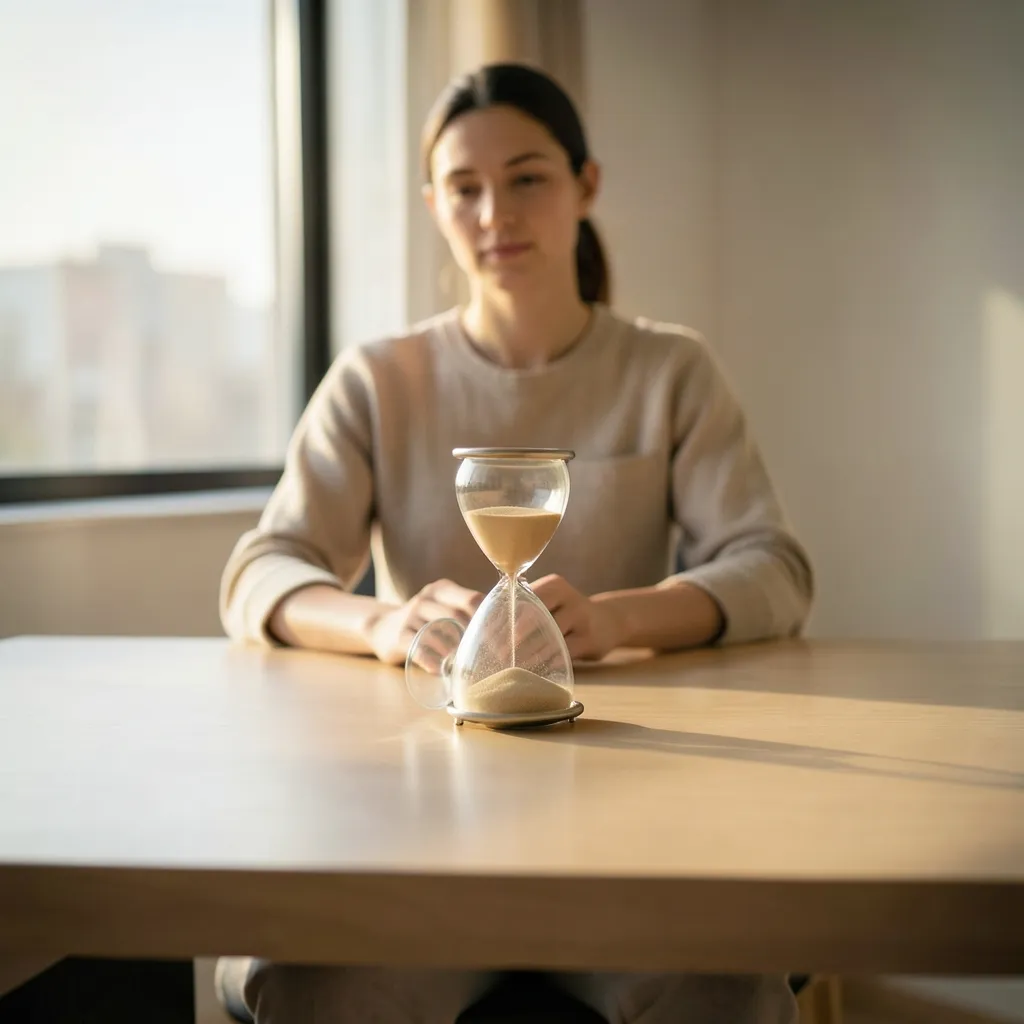 How to handle retrograde energy without the stress Calm person sitting at a desk with a single hourglass turned on its side — Working with the rhythm of the planets