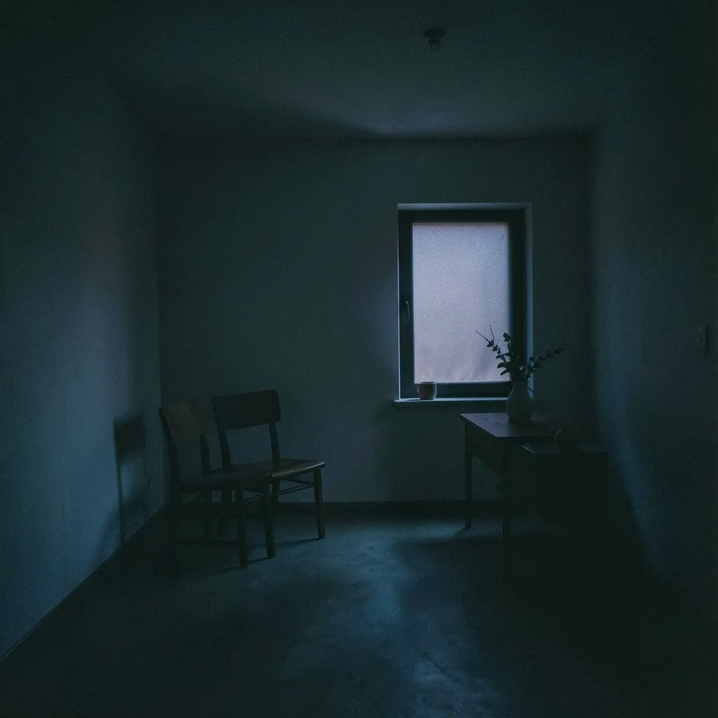 Working with the Moon in Purva Bhadrapada Transit Dark room illuminated by soft twilight light, deep indigo and teal shadows — Working with the Moon in Purva Bhadrapada