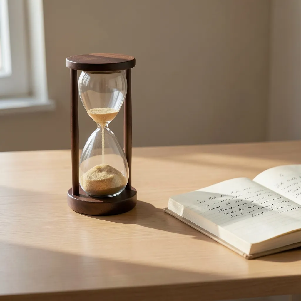 Working with the Brakes On: Navigating Retrograde Friction Minimalist office desk with a classic hourglass and a half-written notebook under soft morning — Working with the brakes on