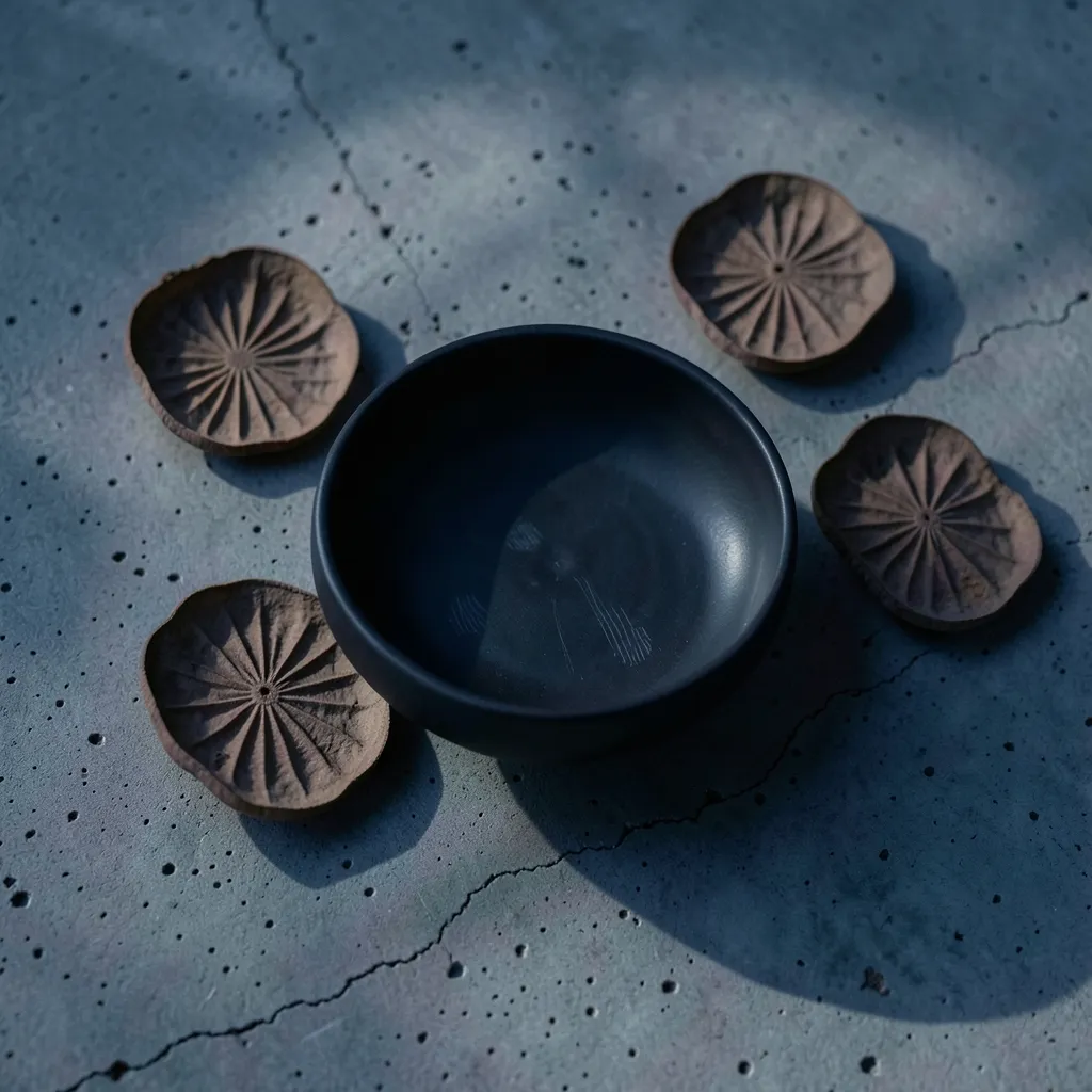 Working with the Energy of Revati Nakshatra Minimalist spiritual flat lay with a dark ceramic bowl, dried lotus pods — Working with the Energy of Revati