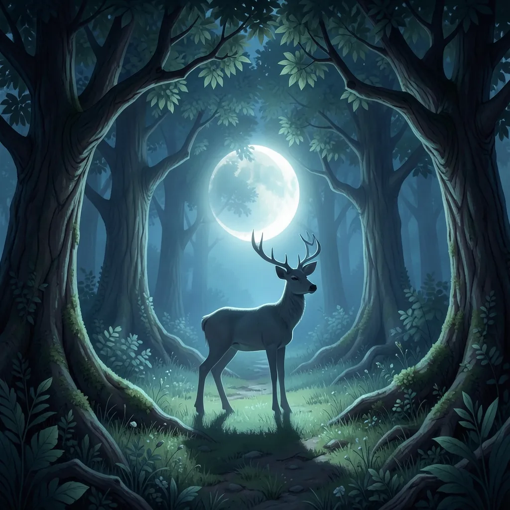 Working with the Moon in Mrigashira Nakshatra Serene, mystical illustration of a deer silhouette standing in a lush — Working with the Moon in Mrigashira