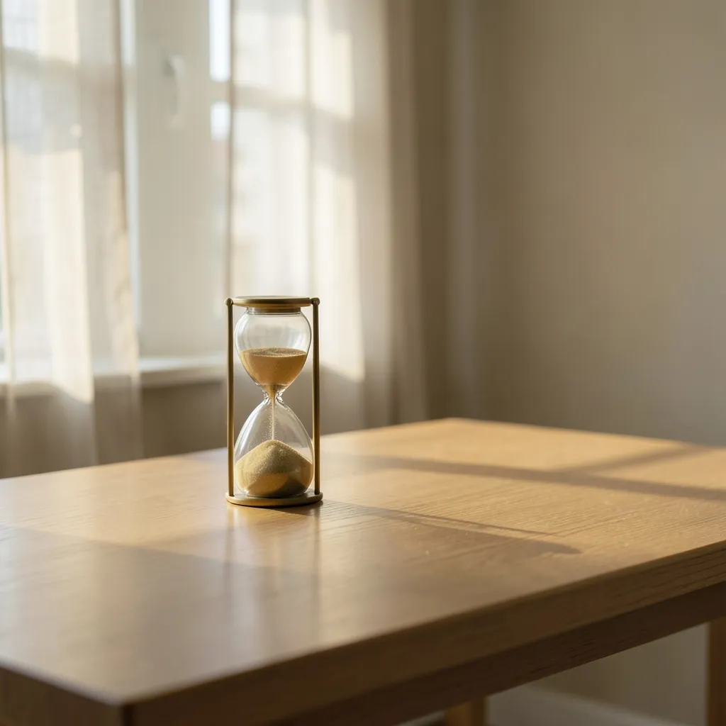 How to work with retrograde energy Serene, minimalist workspace with a single hourglass half-filled with sand — Working With the Retrograde Slowdown