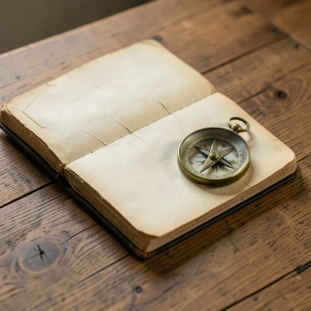 Working with the Rhythm of Current Transits Cinematic flat lay of an open vintage notebook and a brass compass — Working with the rhythm of the current transits