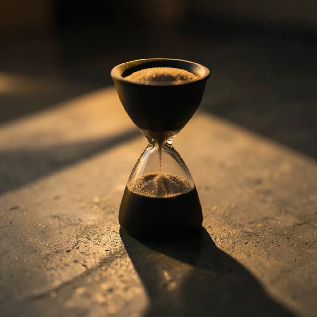 Working with the Saturn Shift & Retrograde Energy Cinematic 1:1 image of a sleek minimalist hourglass on a dark concrete desk — Working with the Saturn shift